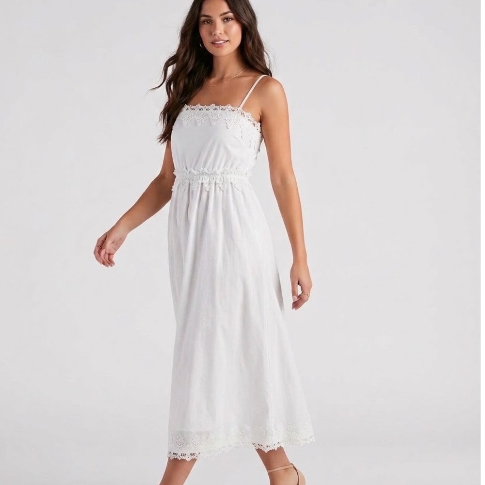 Petal & Pup Kiana Cotton Lace Trim Midi Dress Adjustable Straps Square Neck S